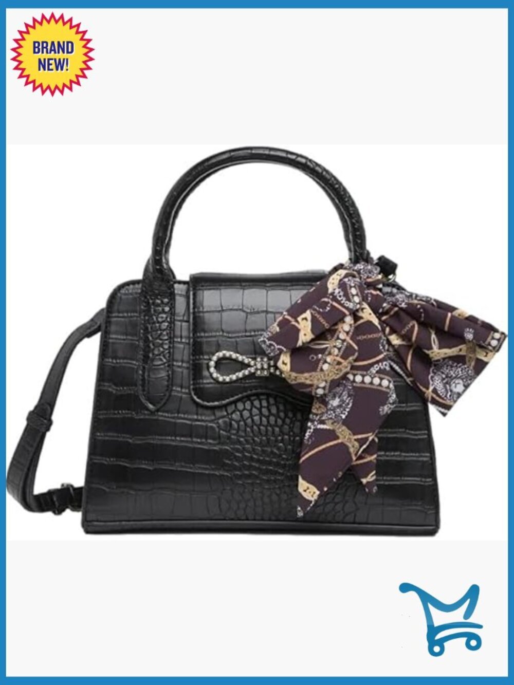 Small Crocodile Embossed Faux Leather Satchel Crossbody Bag with Pearl Bow